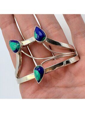 Azurite Teardrop Sterling Silver 925 Hinged Bangle Bracelet Size 7.5" Fit